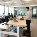 Person working productively at an ergonomic sit-stand desk with accommodations for neuropathy in a modern office