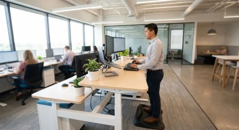 Person working productively at an ergonomic sit-stand desk with accommodations for neuropathy in a modern office