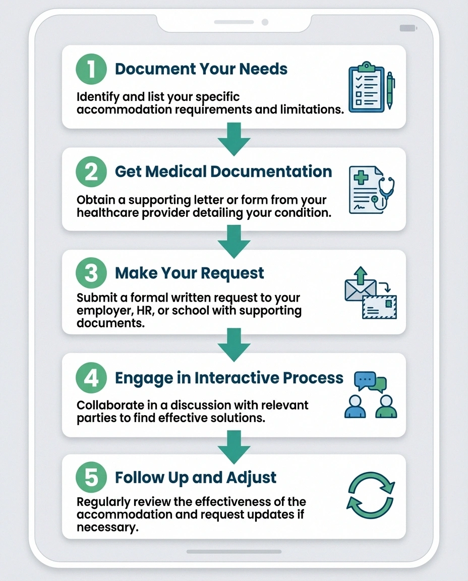 Five-step infographic showing how to request workplace accommodations for neuropathy under the ADA