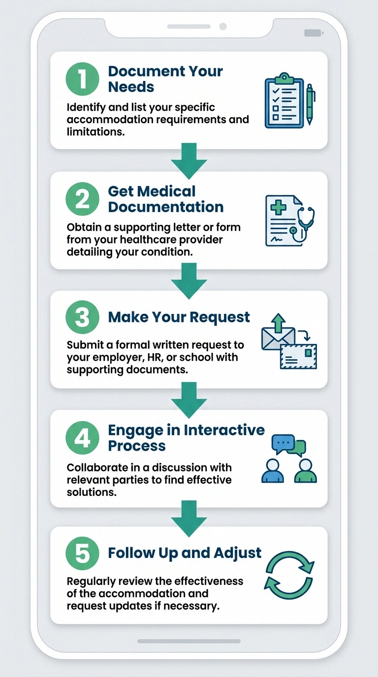 Five-step infographic showing how to request workplace accommodations for neuropathy under the ADA