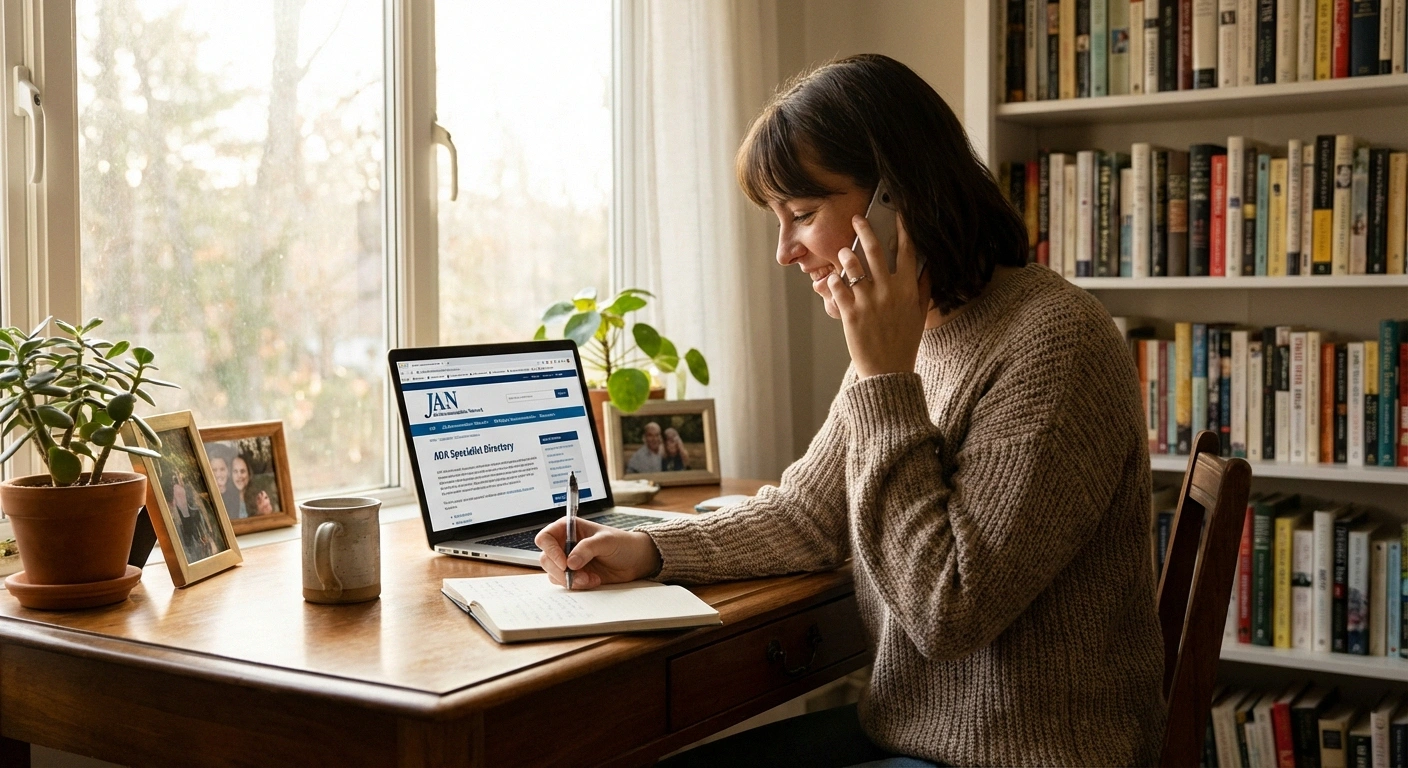 Person researching workplace accommodation resources and calling the Job Accommodation Network helpline for neuropathy support