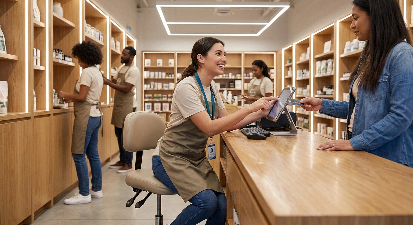 Retail worker using a stool accommodation at checkout counter while helping a customer in a store