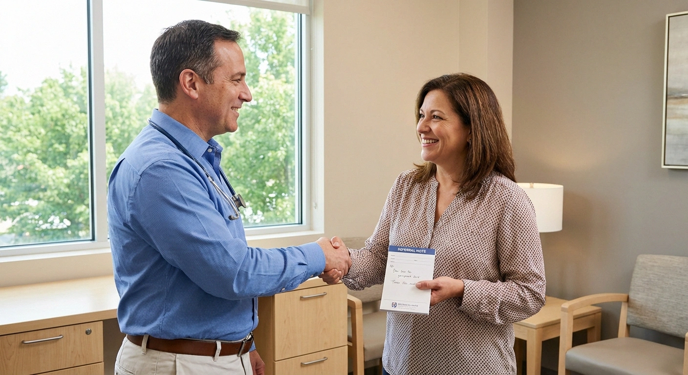 Doctor and patient shaking hands at end of appointment with patient holding referral note for foot numbness diagnosis