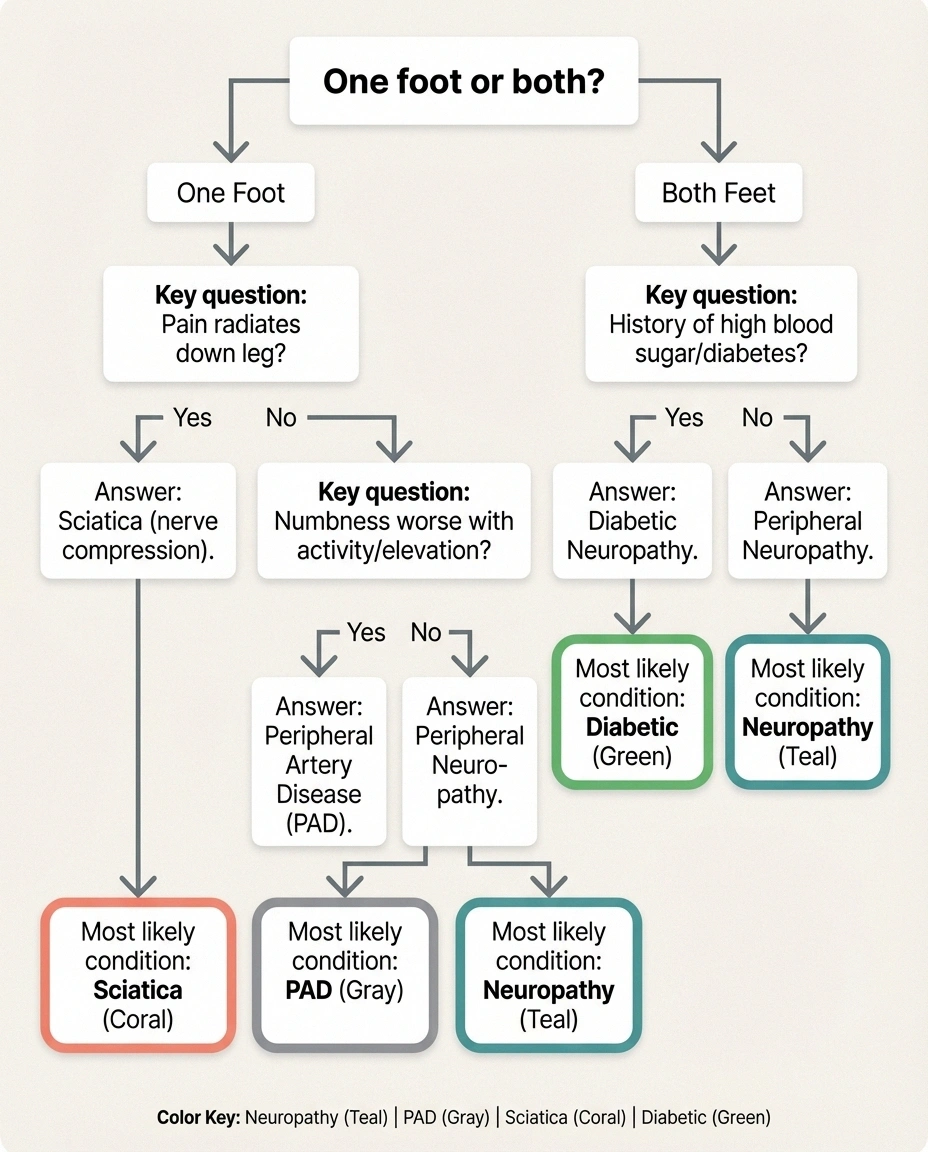 Decision tree flowchart for diagnosing foot numbness starting with one foot or both feet leading to neuropathy PAD sciatica or diabetic neuropathy