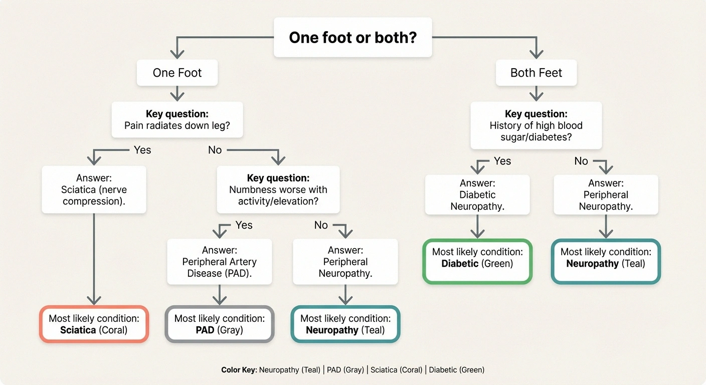 Decision tree flowchart for diagnosing foot numbness starting with one foot or both feet leading to neuropathy PAD sciatica or diabetic neuropathy
