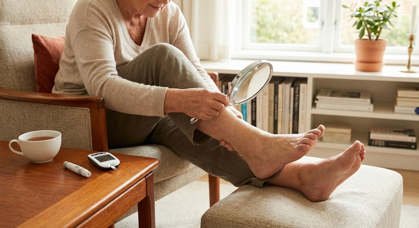 Person with diabetes using magnifying mirror to inspect foot for complications with blood glucose monitor on nearby table