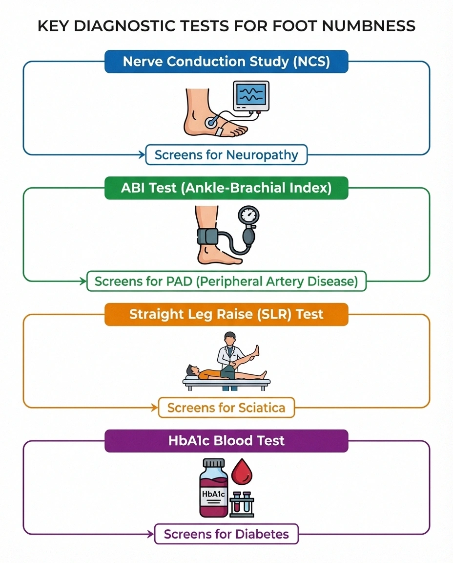 Infographic showing four diagnostic tests for foot numbness including nerve conduction study ABI test straight leg raise and HbA1c