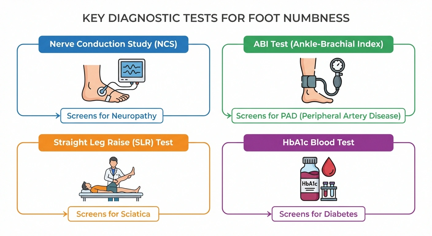 Infographic showing four diagnostic tests for foot numbness including nerve conduction study ABI test straight leg raise and HbA1c