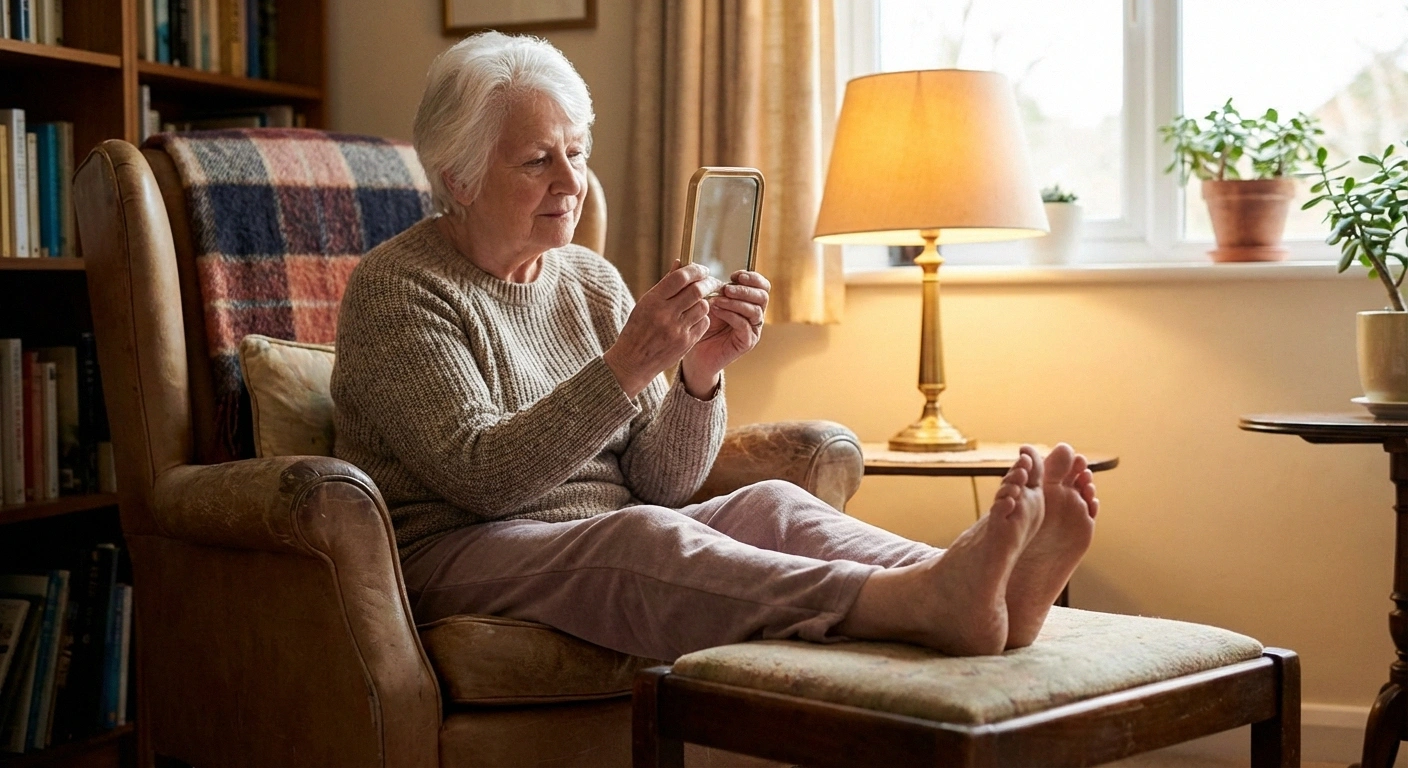 Senior person performing daily foot inspection using hand mirror to check sole of foot at home