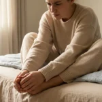 Person sitting on bed edge touching numb feet with concerned expression in morning light