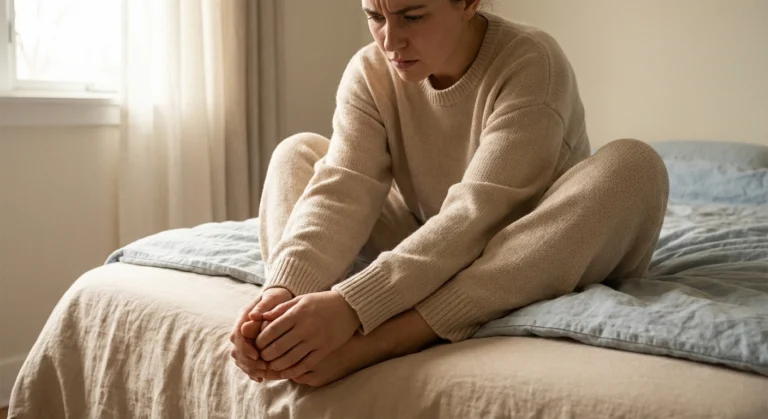 Person sitting on bed edge touching numb feet with concerned expression in morning light