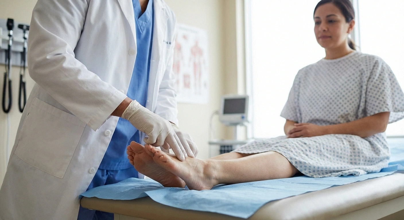 Doctor checking foot pulse on top of patient foot during PAD examination