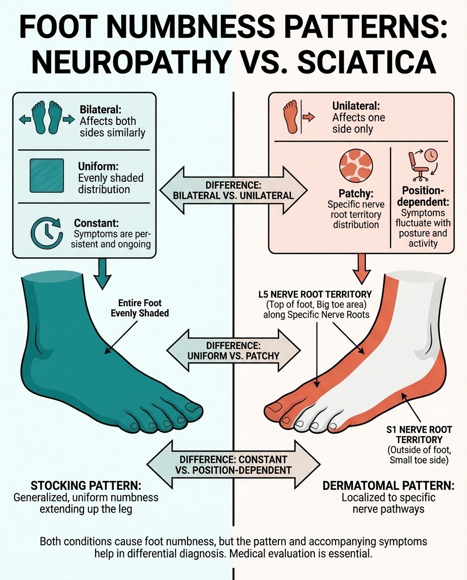 Comparison infographic showing neuropathy stocking pattern numbness versus sciatica nerve root territory numbness in feet