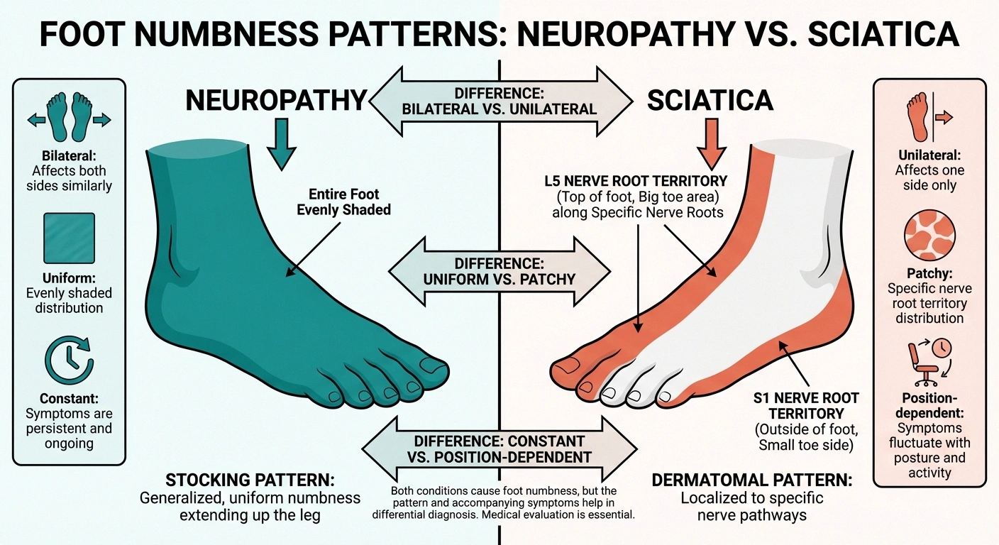 Comparison infographic showing neuropathy stocking pattern numbness versus sciatica nerve root territory numbness in feet