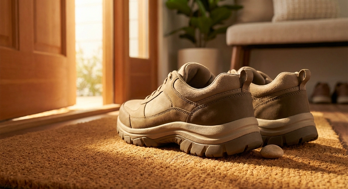 Supportive cushioned shoes on doormat with pebble nearby illustrating importance of checking shoes for neuropathy foot protection
