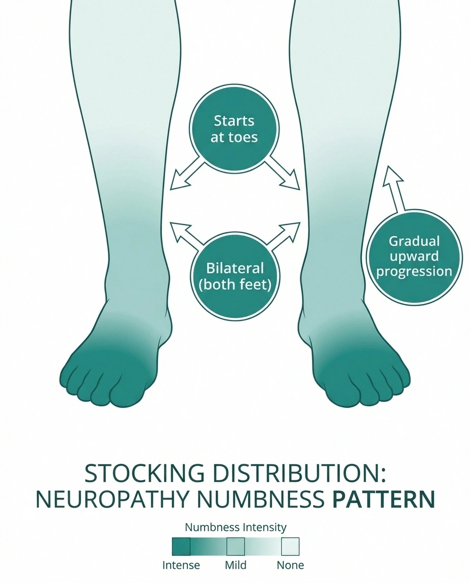 Infographic showing stocking distribution pattern of neuropathy foot numbness starting at toes and progressing upward bilaterally