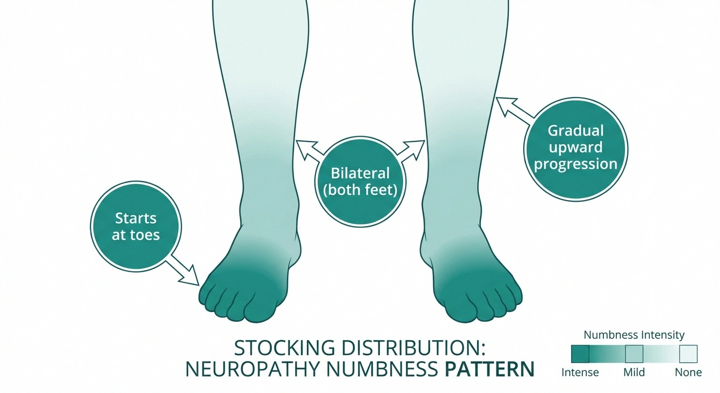 Infographic showing stocking distribution pattern of neuropathy foot numbness starting at toes and progressing upward bilaterally