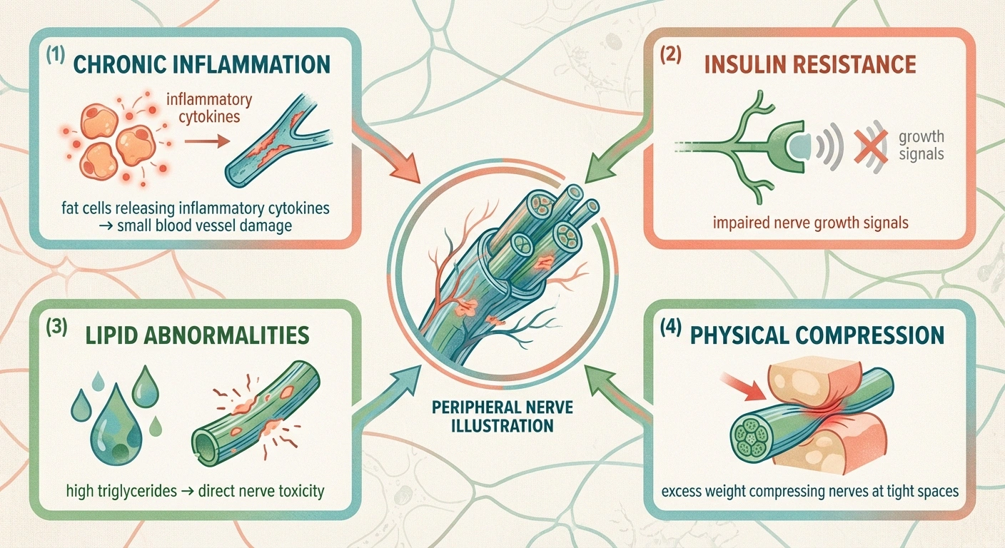 Four connected cards showing: (1) Chronic Inflammation — fat cells releasing inflammatory cytokines → small blood vessel damage, (2) Insulin Resistance — impaired nerve growth signals, (3) Lipid Abnormalities — high triglycerides → direct nerve toxicity, (4) Physical Compression — excess weight compressing nerves at tight spaces. Center element: peripheral nerve illustration. NR teal/coral/green color scheme.