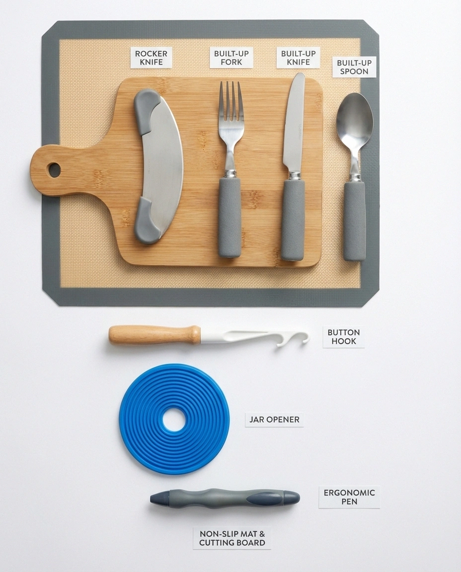 A product-style display of common adaptive equipment for neuropathy, neatly arranged on a white surface: built-up handle utensils (fork, knife, spoon), a button hook, a jar opener, an ergonomic pen, a rocker knife, and a non-slip mat under a cutting board. Each item has a small label identifying it. The arrangement is clean and organized like a curated toolkit.