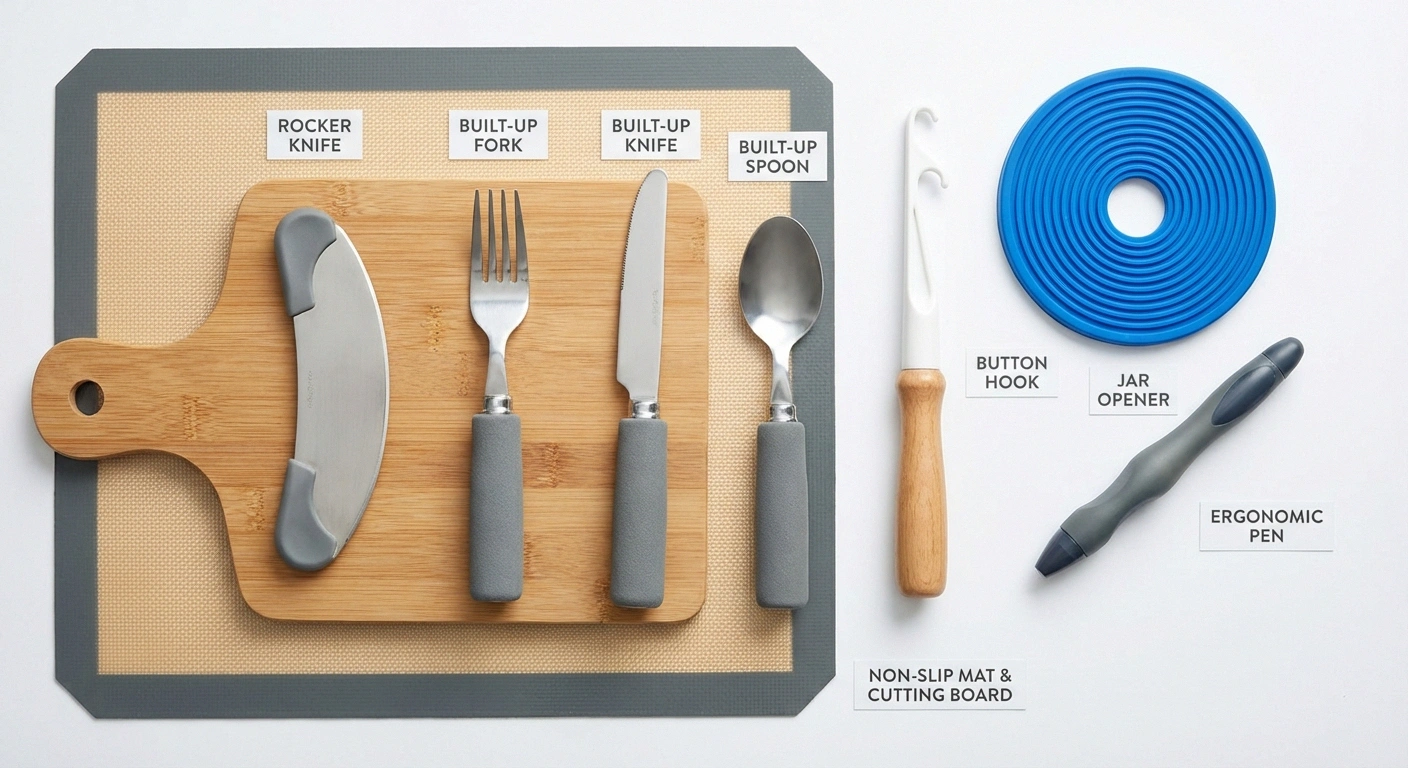 A product-style display of common adaptive equipment for neuropathy, neatly arranged on a white surface: built-up handle utensils (fork, knife, spoon), a button hook, a jar opener, an ergonomic pen, a rocker knife, and a non-slip mat under a cutting board. Each item has a small label identifying it. The arrangement is clean and organized like a curated toolkit.