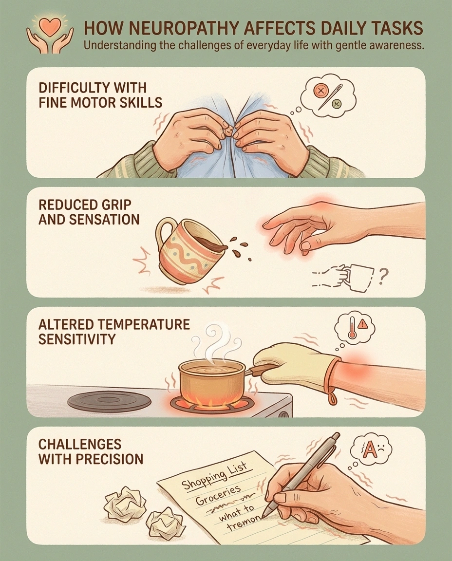 A four-panel infographic showing how neuropathy affects daily tasks: Panel 1 — difficulty buttoning a shirt (hands fumbling with buttons), Panel 2 — dropping a coffee cup (mug slipping from fingers), Panel 3 — burning sensation while cooking (hand near a hot pan), Panel 4 — struggling to write (shaky handwriting on paper). Each panel has a brief label identifying the challenge.