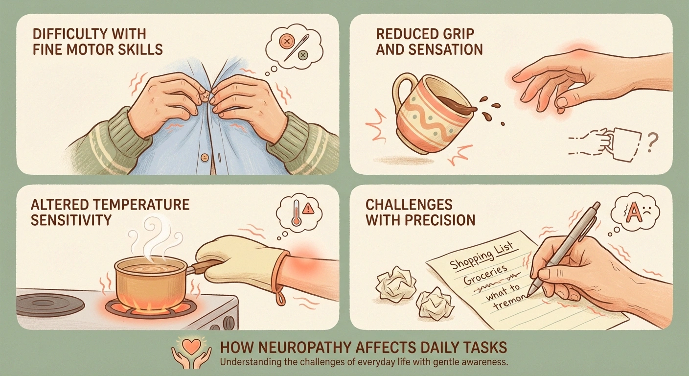 A four-panel infographic showing how neuropathy affects daily tasks: Panel 1 — difficulty buttoning a shirt (hands fumbling with buttons), Panel 2 — dropping a coffee cup (mug slipping from fingers), Panel 3 — burning sensation while cooking (hand near a hot pan), Panel 4 — struggling to write (shaky handwriting on paper). Each panel has a brief label identifying the challenge.