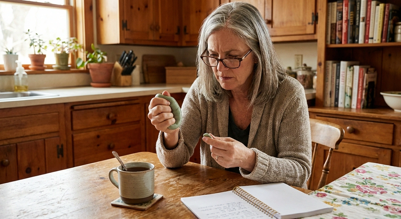 Woman doing hand strengthening exercises with therapy putty at her kitchen table as part of her occupational therapy home program for neuropathy