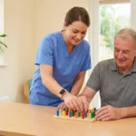 Occupational therapist helping patient with neuropathy hand exercises