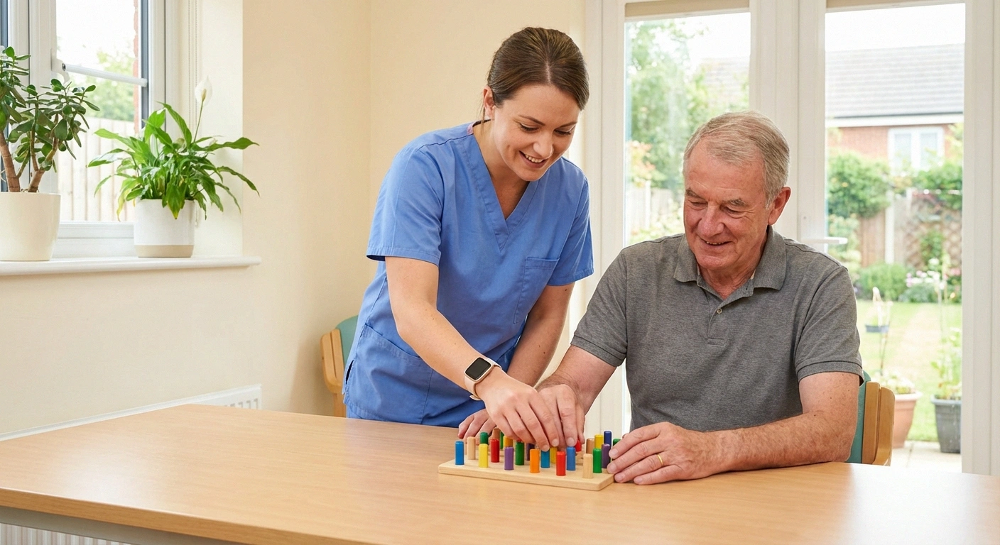 Occupational therapist helping patient with neuropathy hand exercises