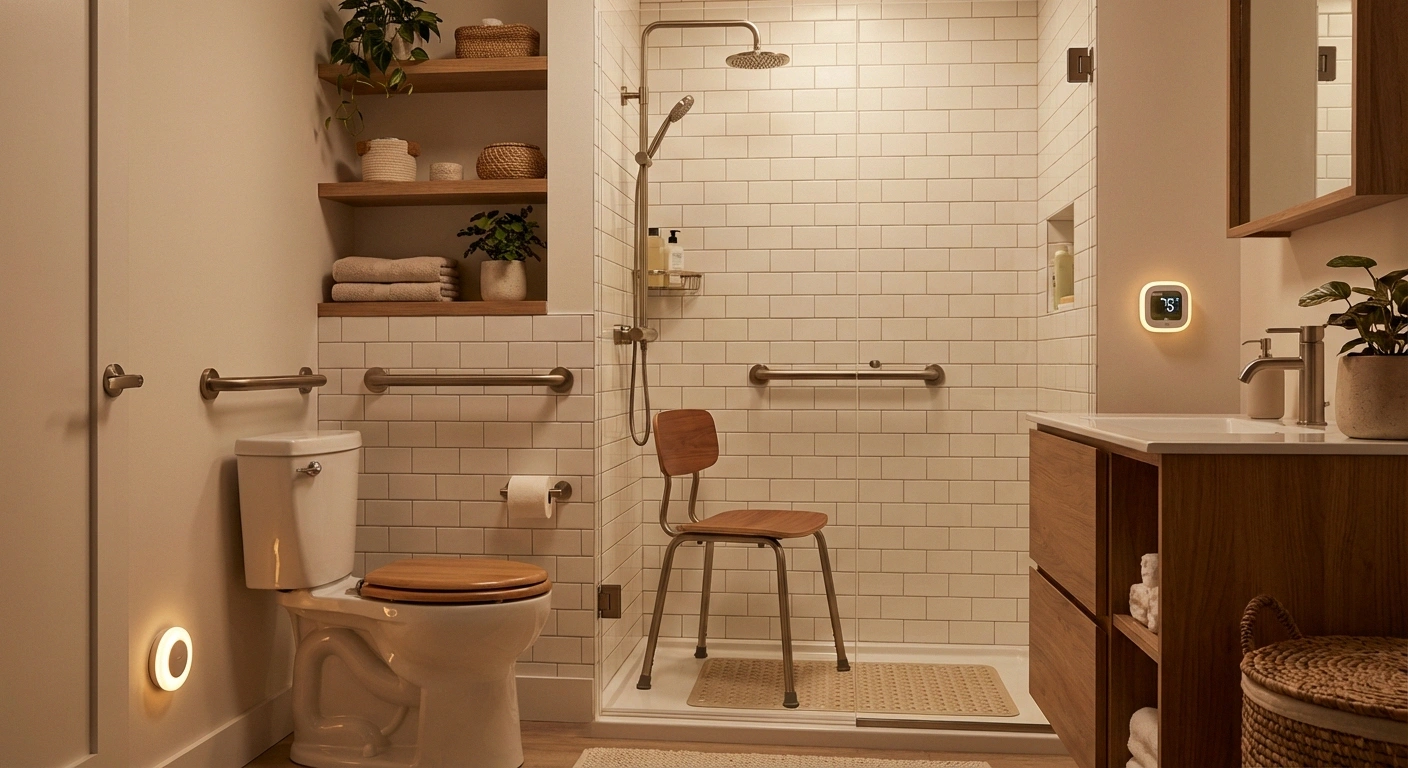 Bathroom with neuropathy safety modifications including grab bars, shower chair, non-slip mat, and temperature monitor recommended by occupational therapists