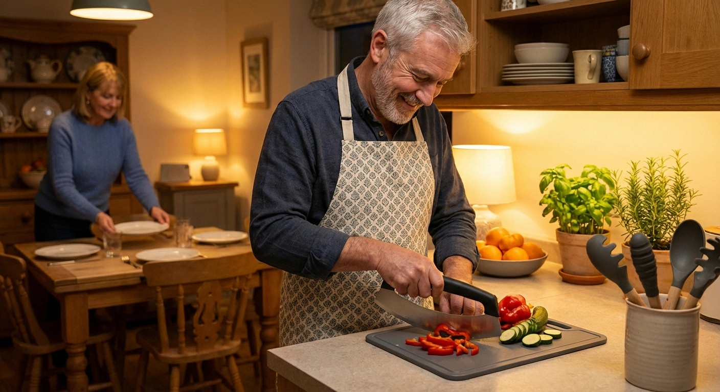 Man confidently cooking dinner using adaptive kitchen tools including a rocker knife and non-slip cutting board, demonstrating independence regained through occupational therapy for neuropathy
