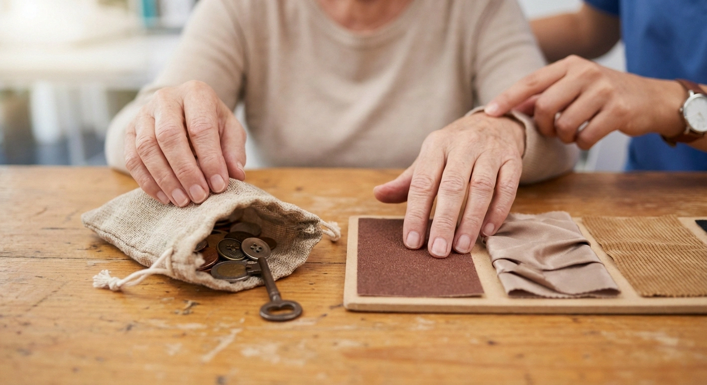 Close-up of hands performing sensory re-education exercises with textured materials and a tactile identification bag during occupational therapy for neuropathy