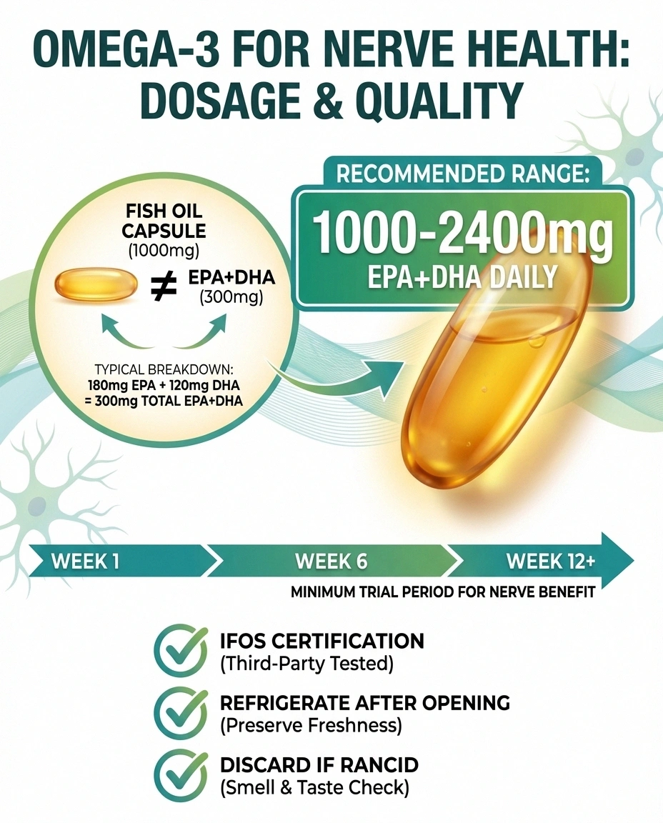 Omega-3 dosage guide for neuropathy showing recommended EPA and DHA amounts, timeline, and quality indicators
