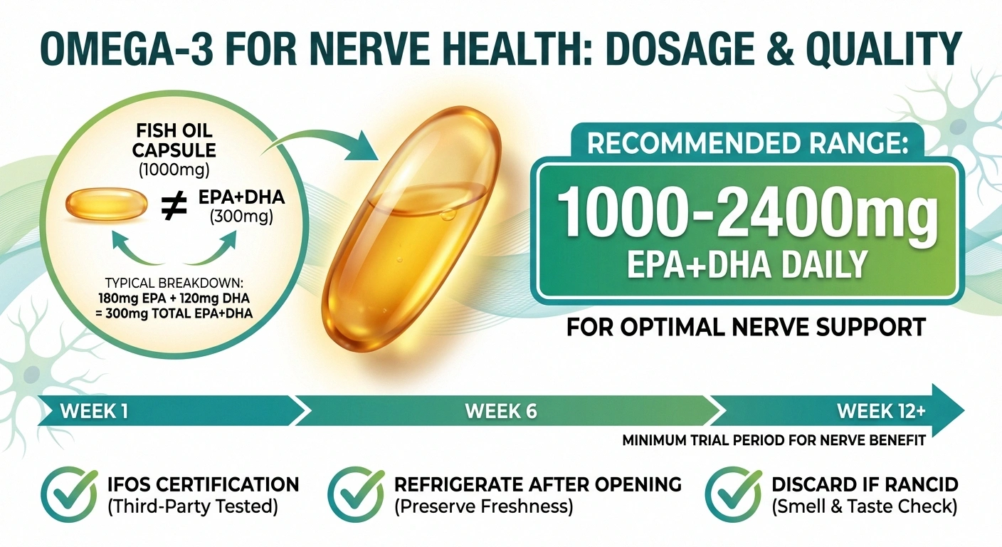 Omega-3 dosage guide for neuropathy showing recommended EPA and DHA amounts, timeline, and quality indicators