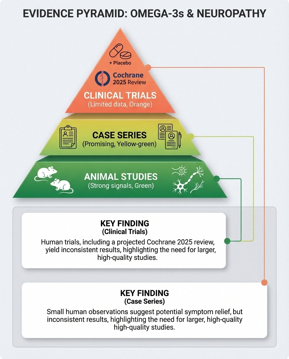 Evidence pyramid showing research levels for omega-3 fatty acids and neuropathy, from animal studies to clinical trials