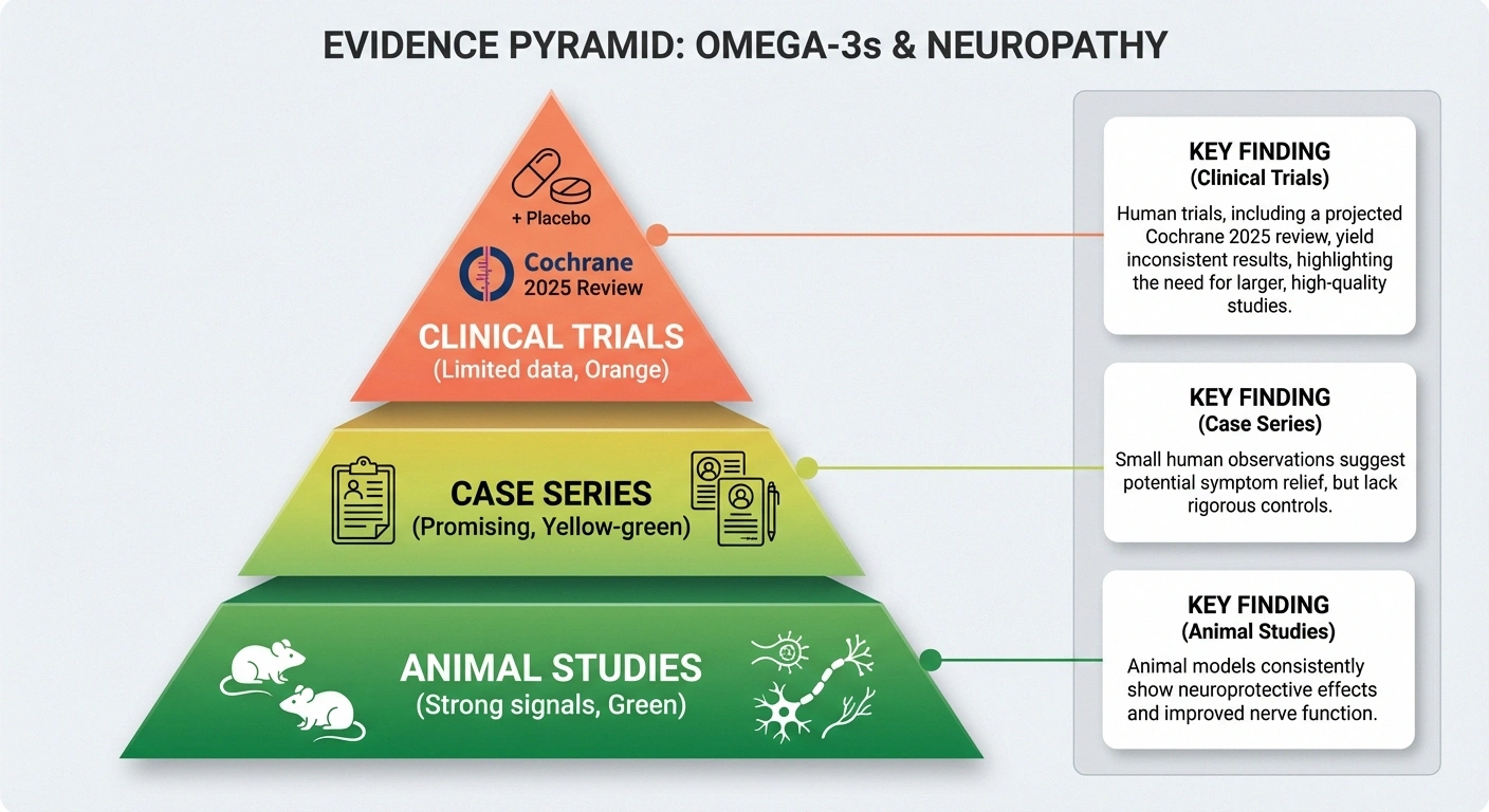 Evidence pyramid showing research levels for omega-3 fatty acids and neuropathy, from animal studies to clinical trials