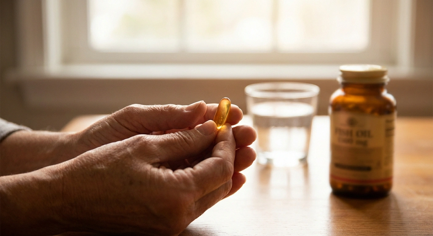 Person holding a fish oil omega-3 capsule near a window, illustrating daily supplement routine for neuropathy management