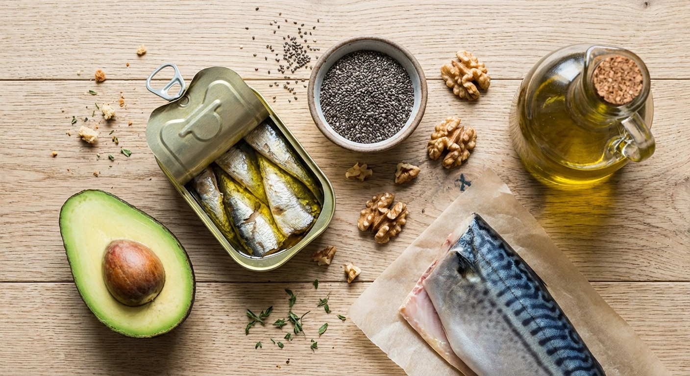 Flat lay arrangement of omega-3 rich foods including sardines, walnuts, chia seeds, mackerel, and avocado for nerve health