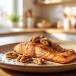 Fresh grilled salmon fillet with walnuts and flaxseeds, foods rich in omega-3 fatty acids for nerve health
