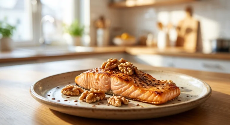 Fresh grilled salmon fillet with walnuts and flaxseeds, foods rich in omega-3 fatty acids for nerve health