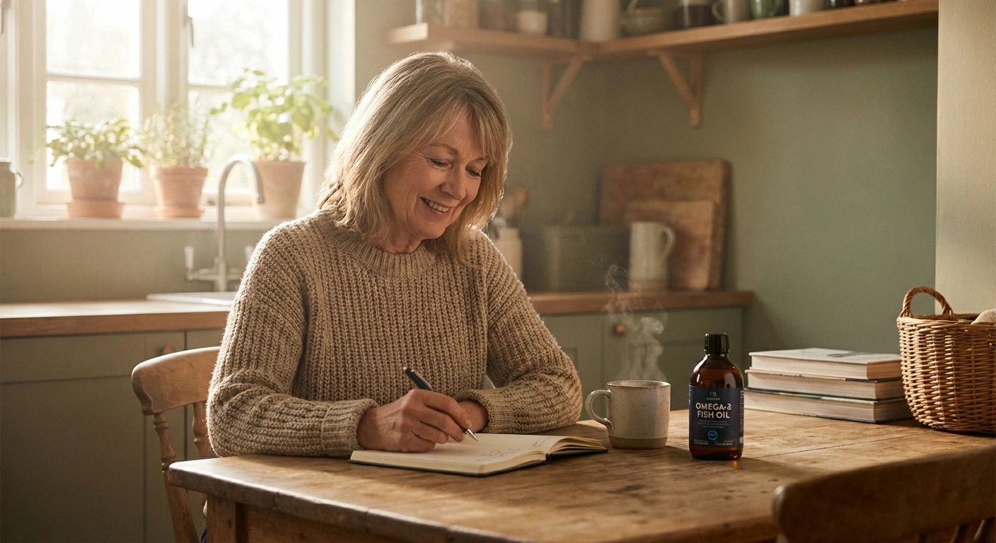 Senior woman at kitchen table with omega-3 supplements and notebook, planning her neuropathy management routine