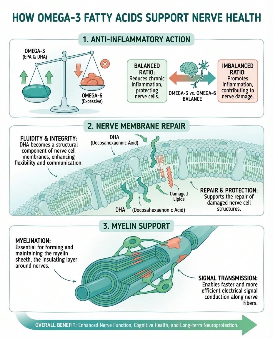 Infographic showing three mechanisms by which omega-3 fatty acids support nerve health: reducing inflammation, repairing nerve membranes, and supporting the myelin sheath