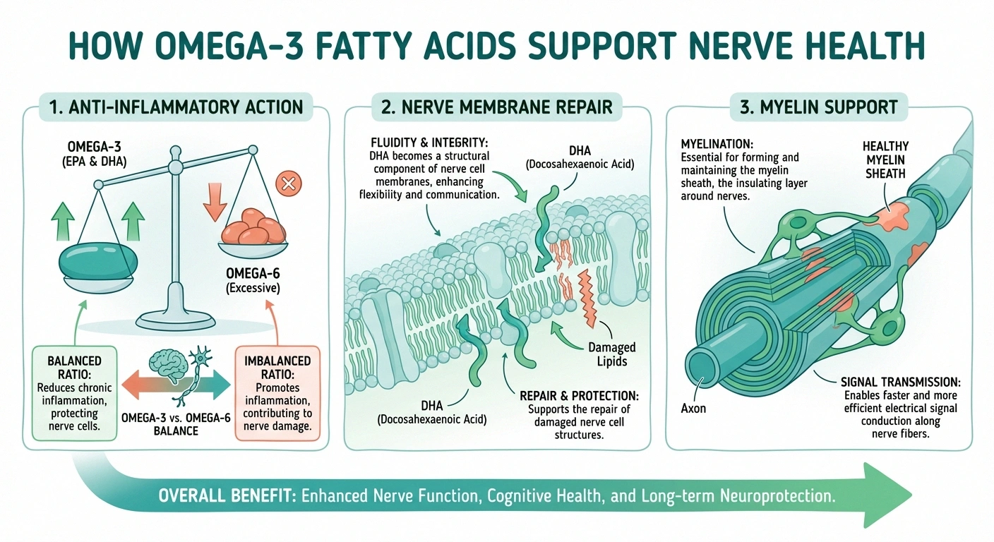 Infographic showing three mechanisms by which omega-3 fatty acids support nerve health: reducing inflammation, repairing nerve membranes, and supporting the myelin sheath