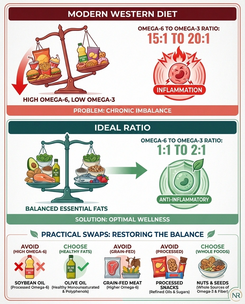 Comparison infographic showing the modern Western omega-6 to omega-3 ratio versus the ideal ratio with practical dietary swaps