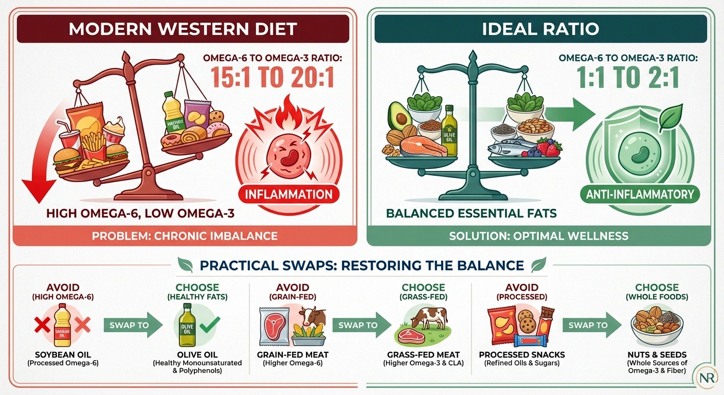 Comparison infographic showing the modern Western omega-6 to omega-3 ratio versus the ideal ratio with practical dietary swaps
