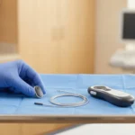 Peripheral nerve stimulation device components including thin electrode lead wireless transmitter and handheld remote on medical tray