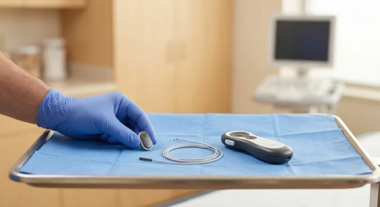 Peripheral nerve stimulation device components including thin electrode lead wireless transmitter and handheld remote on medical tray