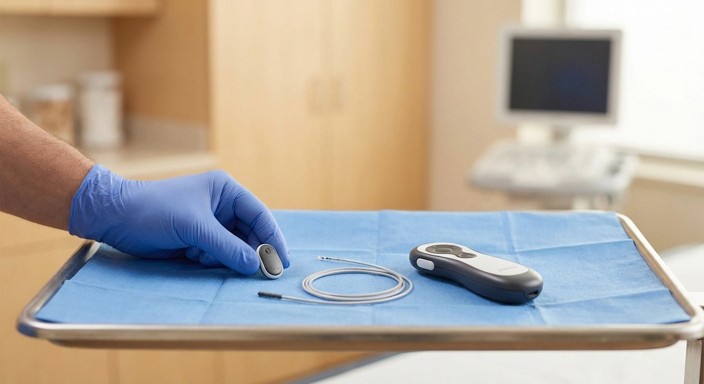Peripheral nerve stimulation device components including thin electrode lead wireless transmitter and handheld remote on medical tray
