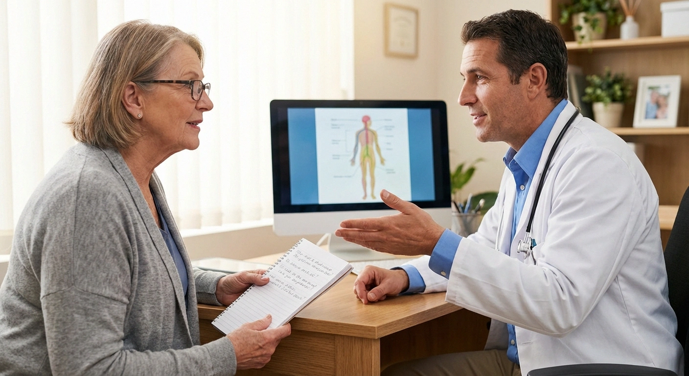 Patient discussing peripheral nerve stimulation treatment options with doctor while reviewing notes in medical office