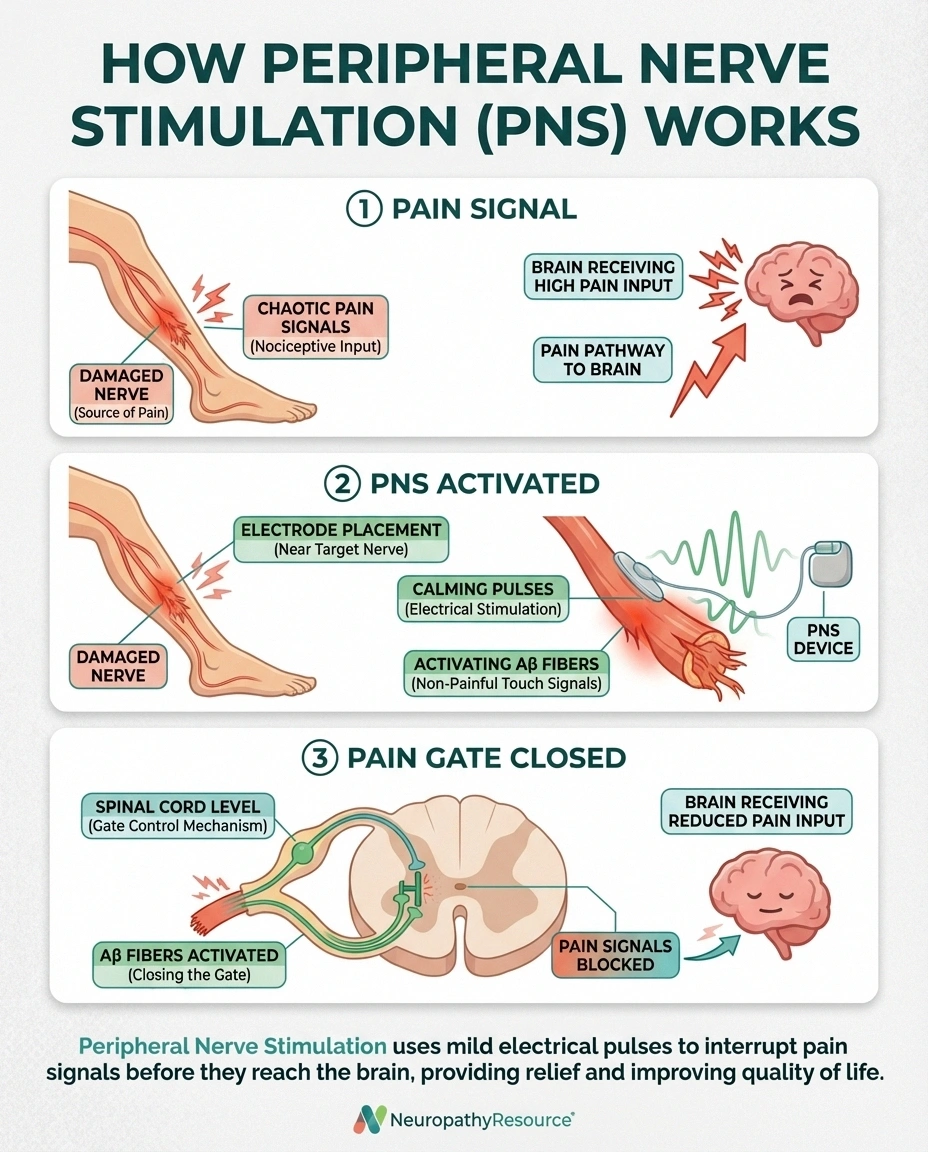 Infographic showing how peripheral nerve stimulation works by activating nerve fibers to block pain signals from reaching the brain